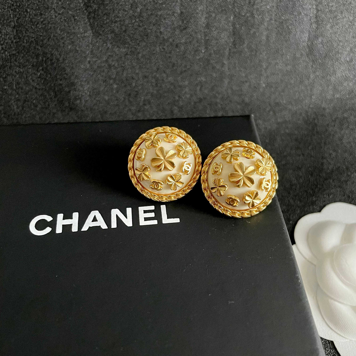 Camellia Stud Earrings in Polished Metal-Tone – Camellia Detail – Design 056 detail view