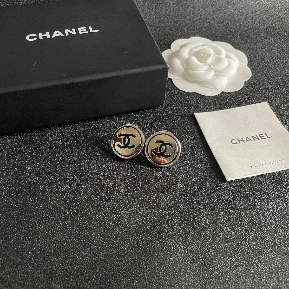 Double-C Emblem Stud Earrings in Polished Metal-Tone – Design 453 styled product view