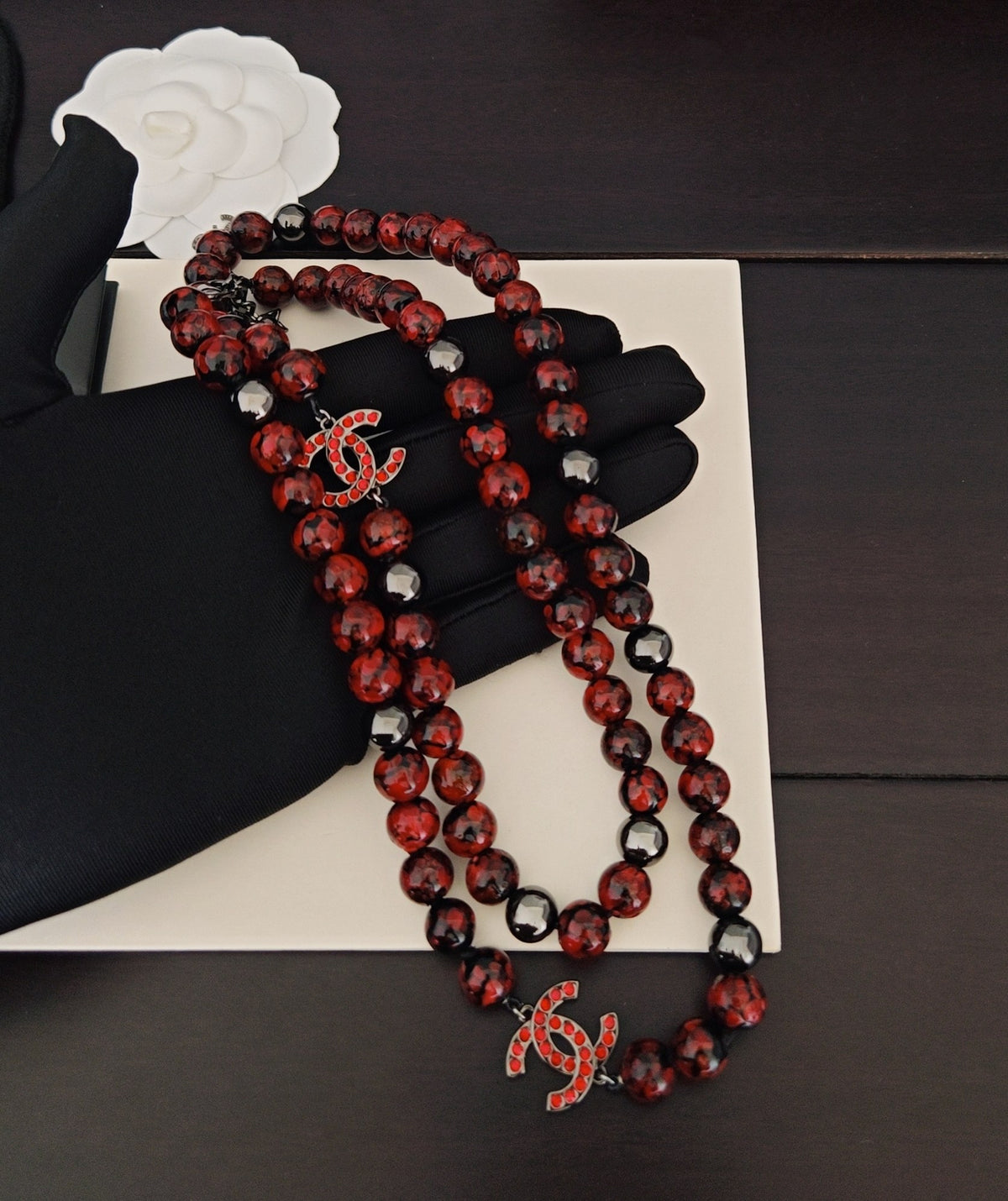 Signature Emblem Pendant Necklace in Gold-Tone – Red Detail – Design 002 main product view