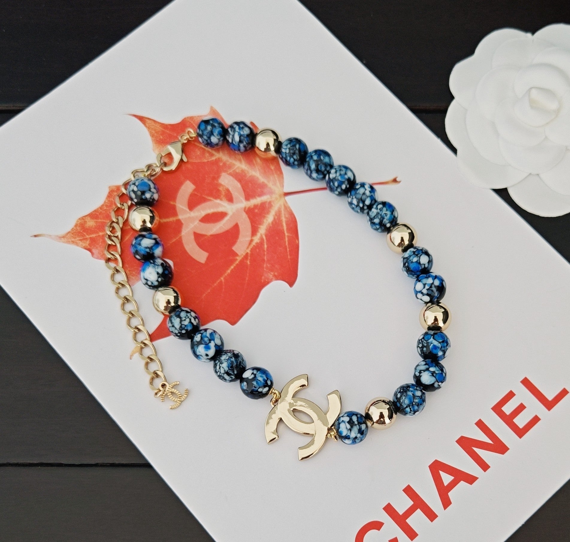Signature Emblem Pendant Necklace in Gold-Tone – Blue Detail – Design 004 detail view