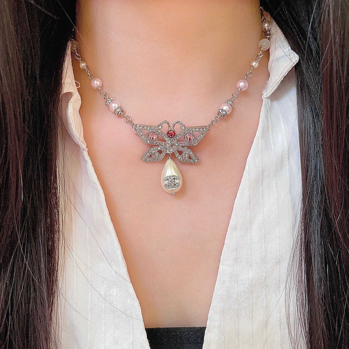 Double-C Emblem Pearl-Detail Pendant Necklace – Pearl Detail – Design 128 detail view
