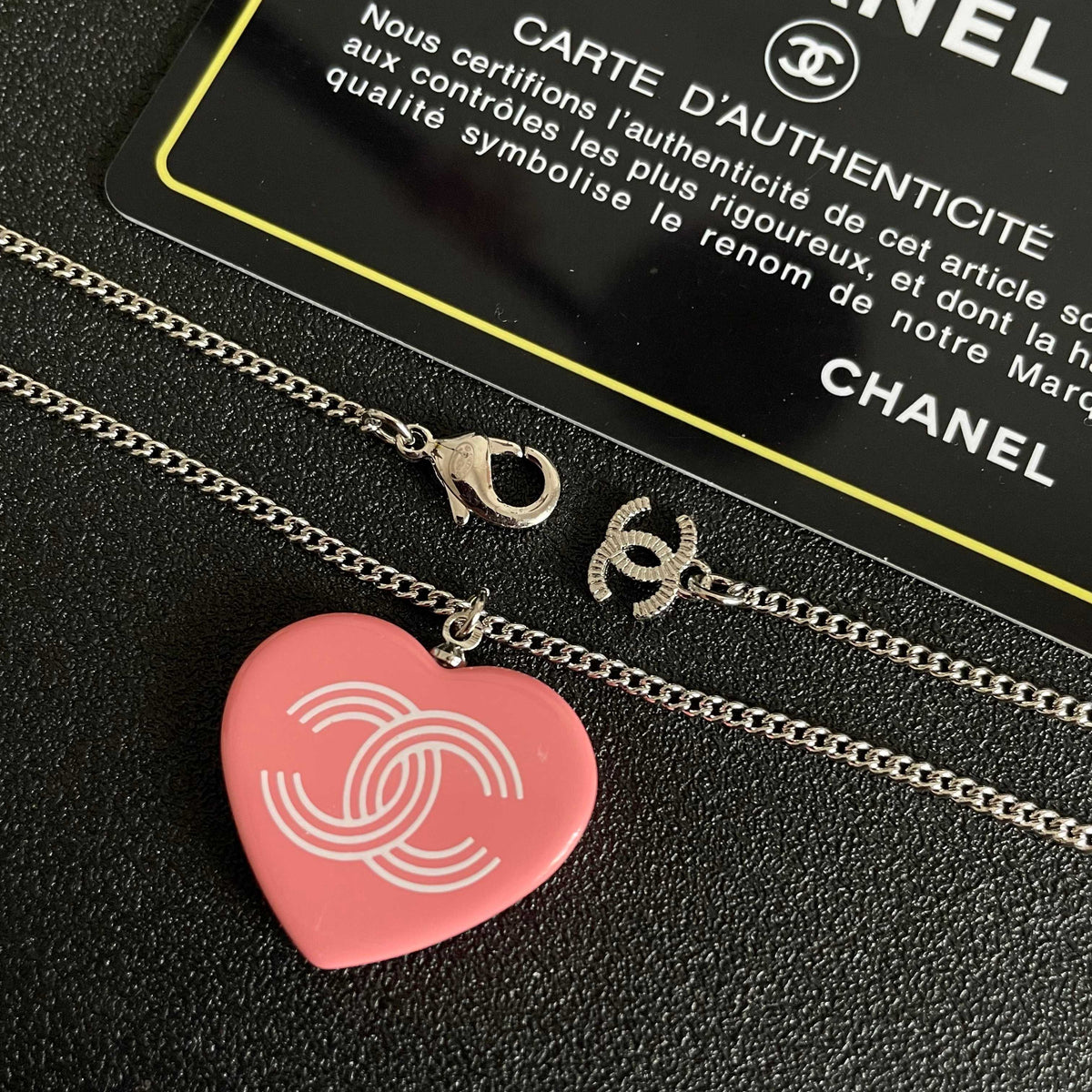 Double-C Emblem Pendant Necklace in Polished Metal-Tone – Heart Detail – Design 006 main product view
