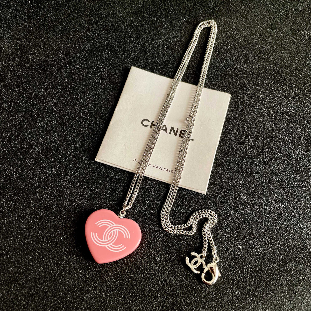Double-C Emblem Pendant Necklace in Polished Metal-Tone – Heart Detail – Design 006 detail view