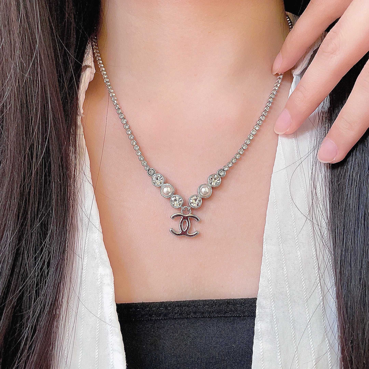 Double-C Emblem Pearl-Detail Pendant Necklace – Pearl Detail – Design 127 main product view