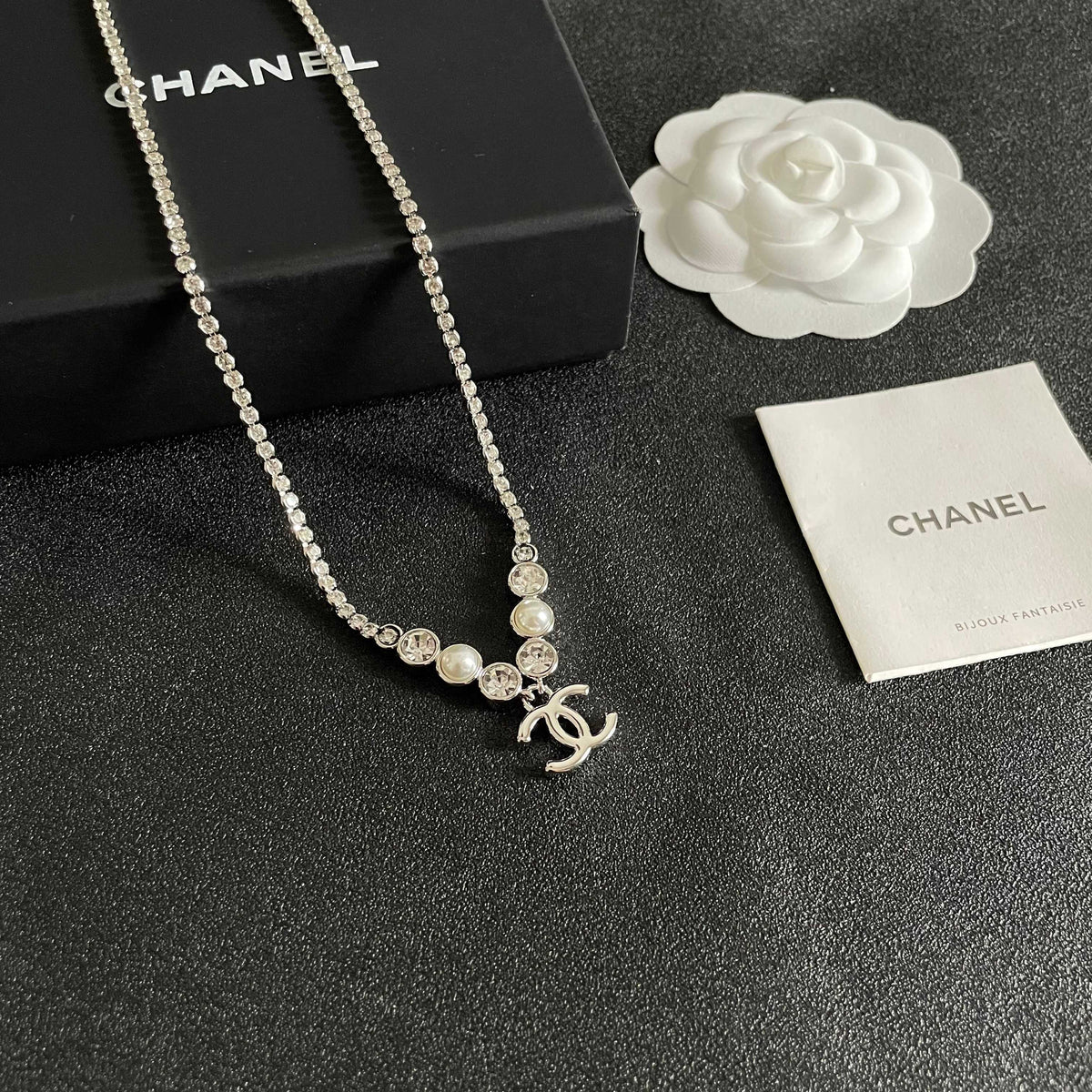 Double-C Emblem Pearl-Detail Pendant Necklace – Pearl Detail – Design 127 styled product view
