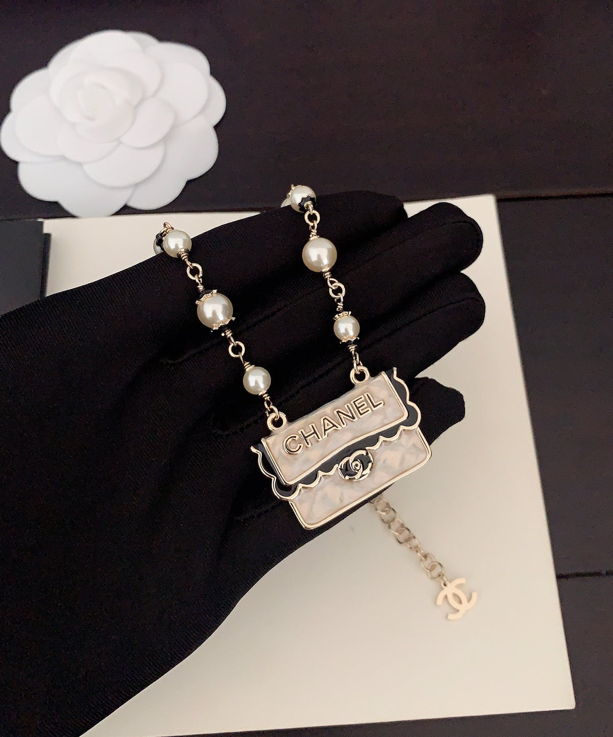Signature Emblem Pendant Necklace in Gold-Tone – Black Detail – Design 005 main product view