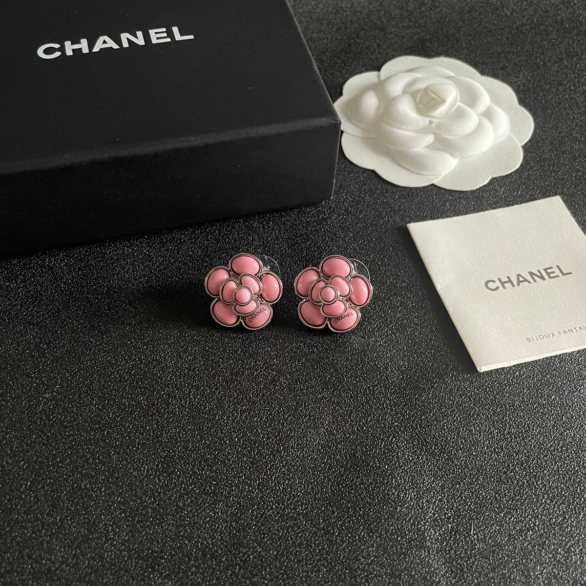 Camellia Stud Earrings in Polished Metal-Tone – Camellia Detail – Design 053 styled product view