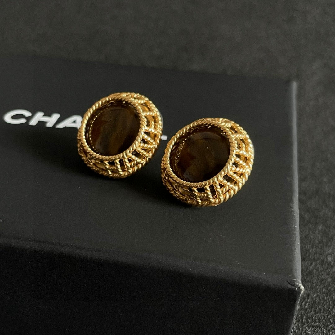 Double-C Emblem Stud Earrings in Polished Metal-Tone – Design 473 front product view
