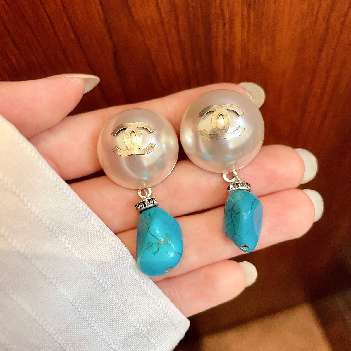 Double-C Emblem Pearl-Detail Statement Earrings – Pearl Detail – Design 033 side detail