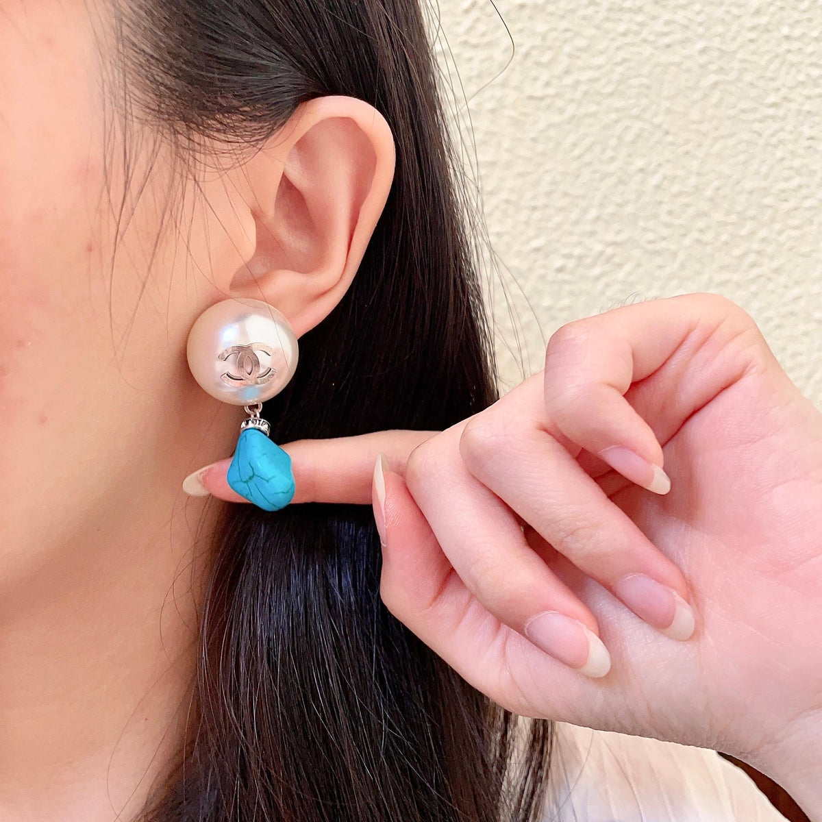 Double-C Emblem Pearl-Detail Statement Earrings – Pearl Detail – Design 033 front product view