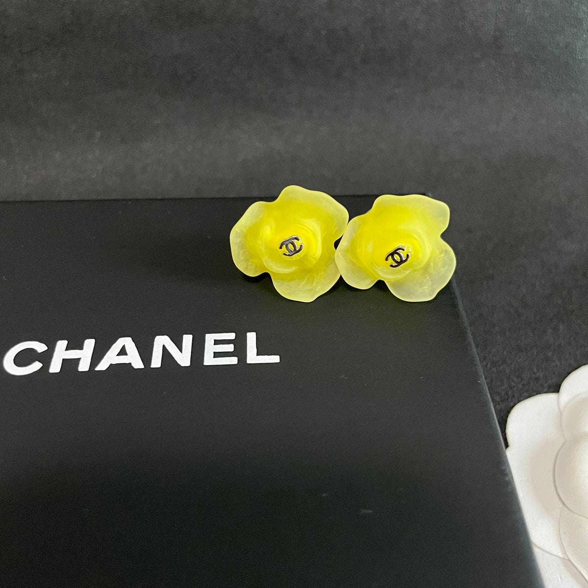 Double-C Emblem Stud Earrings in Polished Metal-Tone – Design 098 detail view