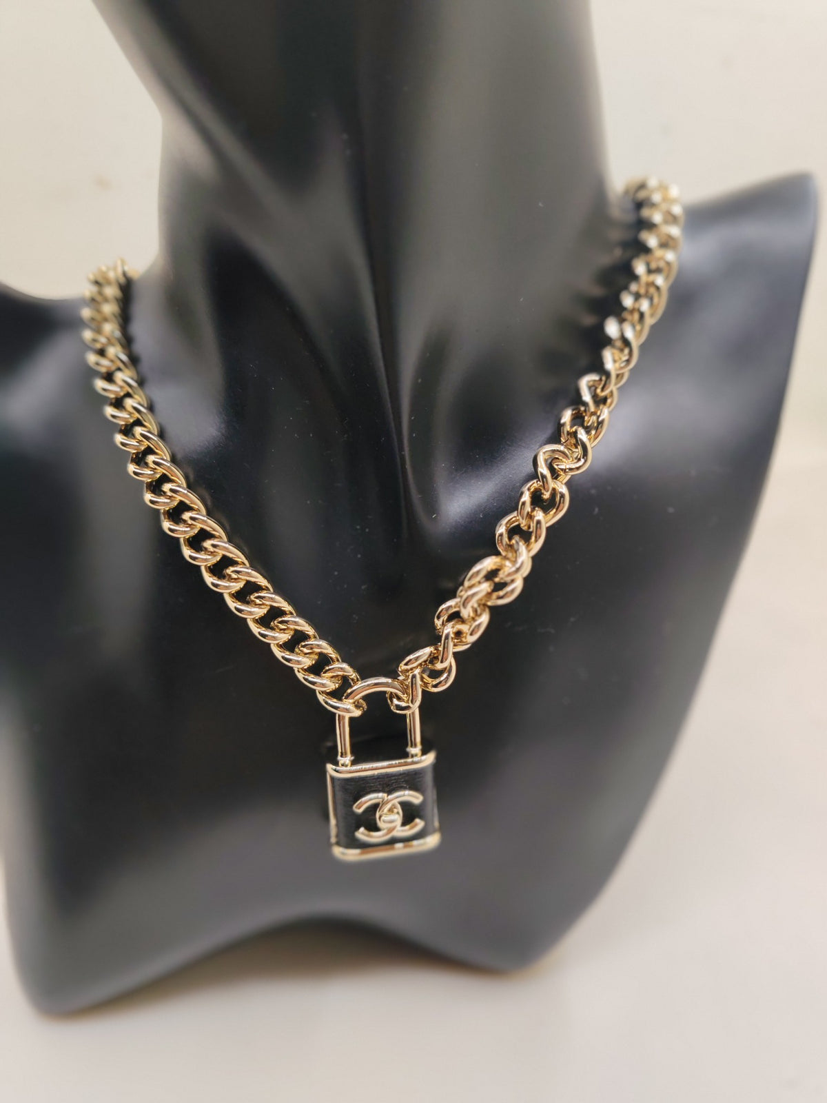 Signature Emblem Pendant Necklace in Gold-Tone – Black Detail – Design 006 front product view