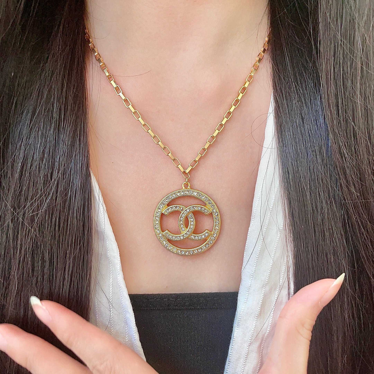 Double-C Emblem Crystal-Accent Pendant Necklace – Design 014 front product view
