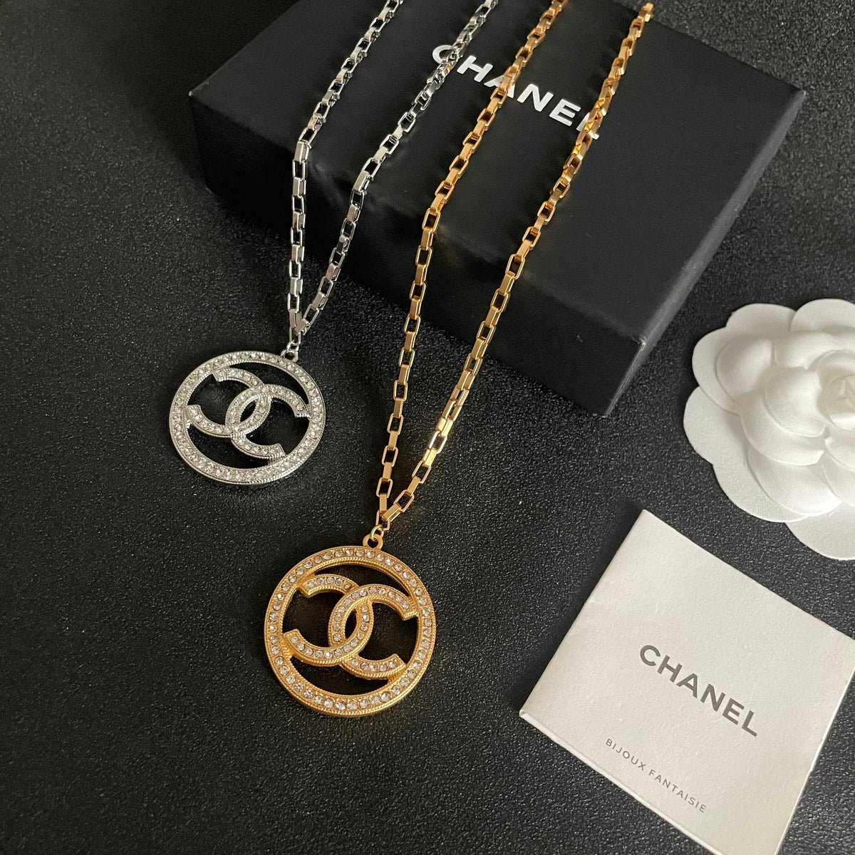 Double-C Emblem Crystal-Accent Pendant Necklace – Design 014 close-up detail