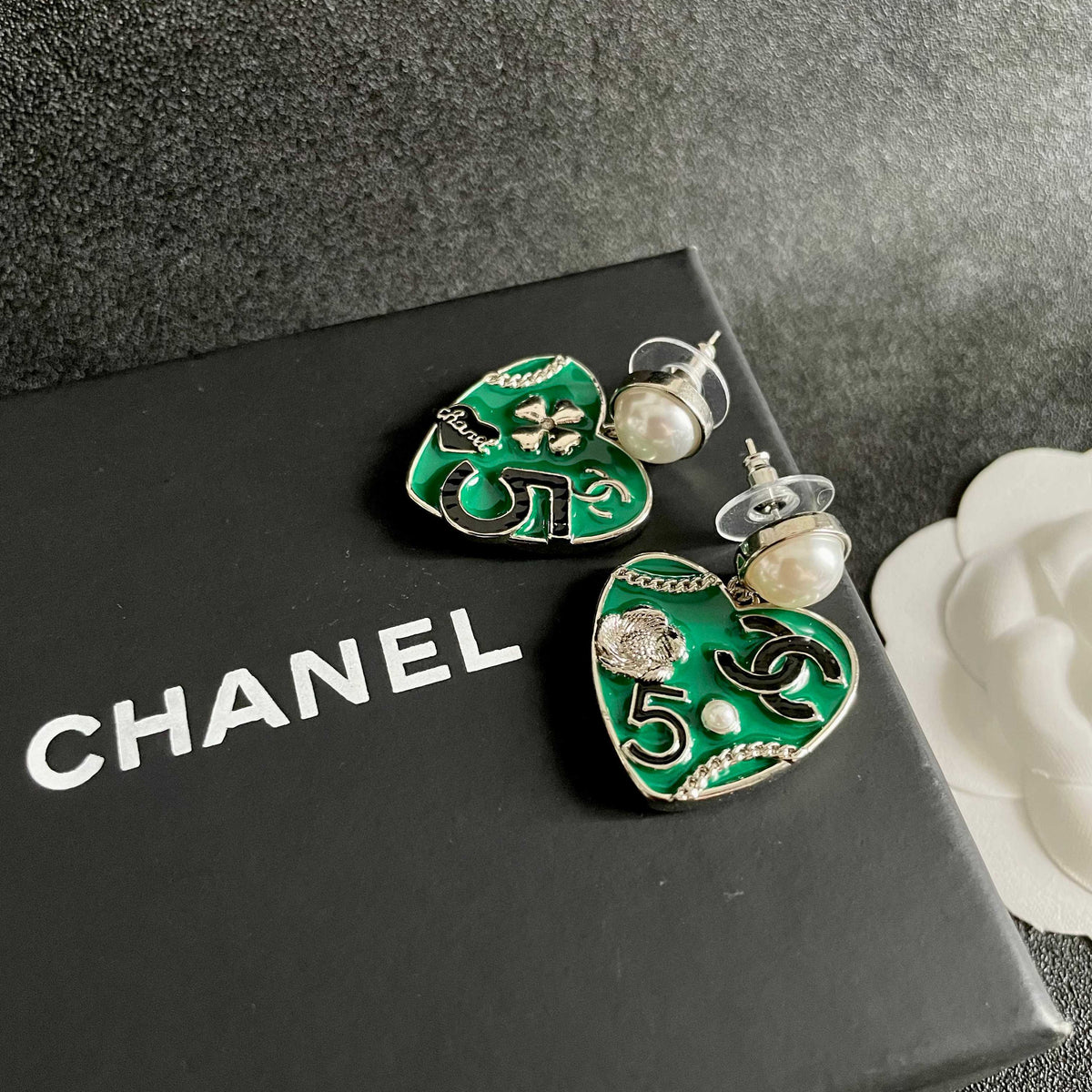 Double-C Emblem Pearl-Detail Statement Earrings – Pearl Detail – Design 007 detail view