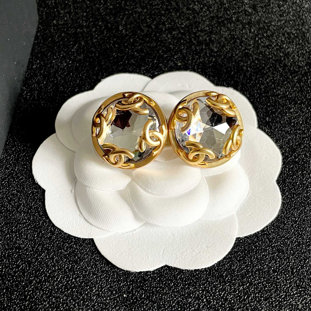 Double-C Emblem Stud Earrings in Polished Metal-Tone – Design 121 front product view