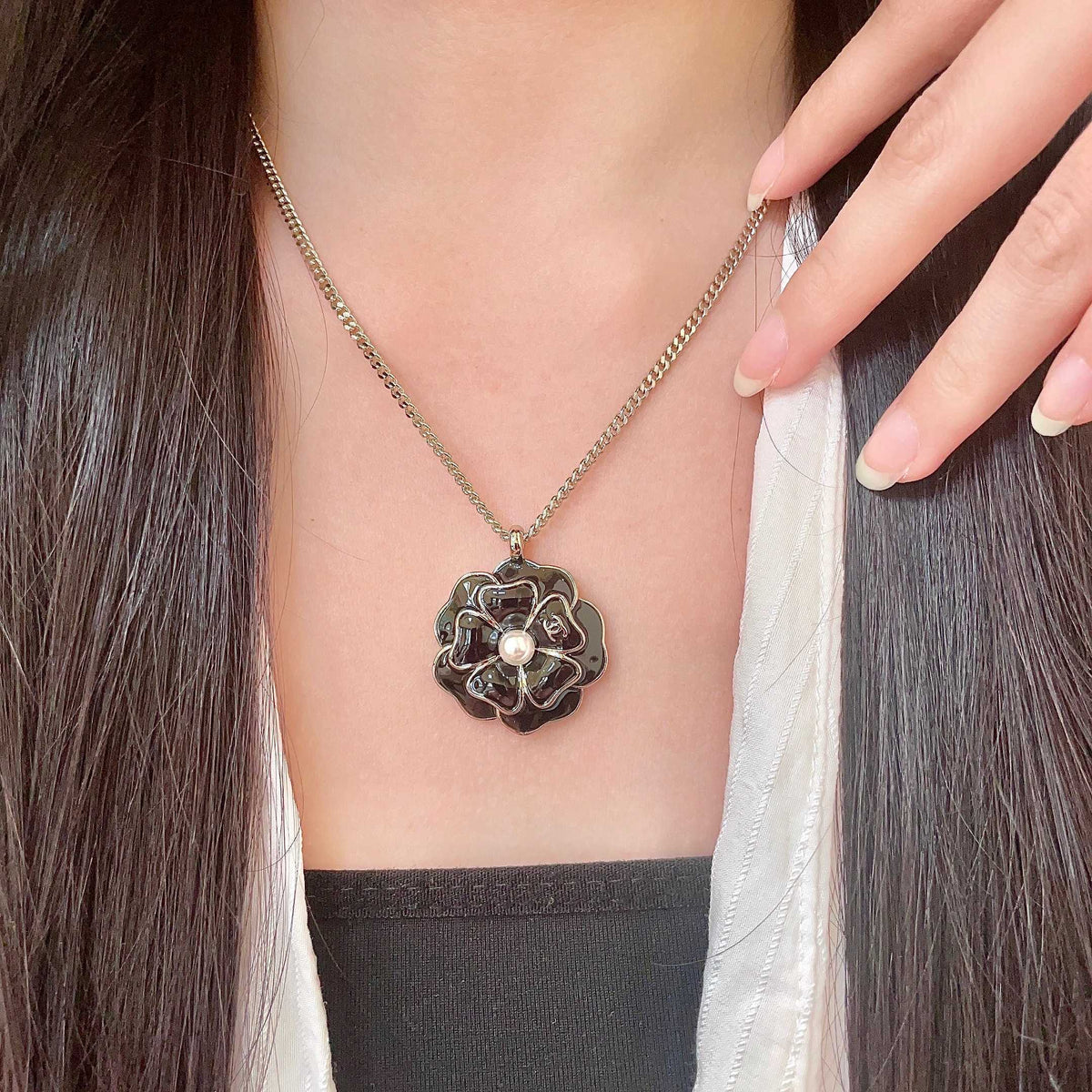 Camellia Pendant Necklace in Polished Metal-Tone – Camellia Detail – Design 006 main product view