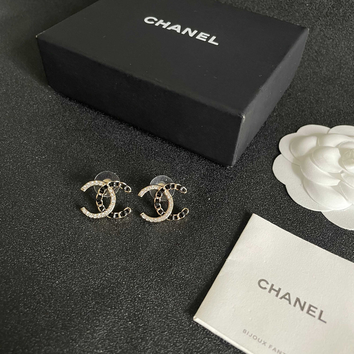 Double-C Emblem Crystal-Accent Stud Earrings – Design 011 close-up detail