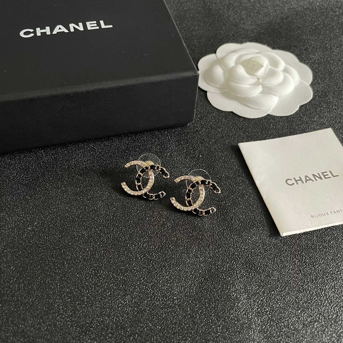 Double-C Emblem Crystal-Accent Stud Earrings – Design 011 styled product view