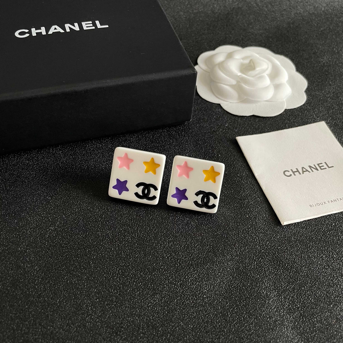 Double-C Emblem Stud Earrings in Polished Metal-Tone – Star Detail – Design 003 styled product view