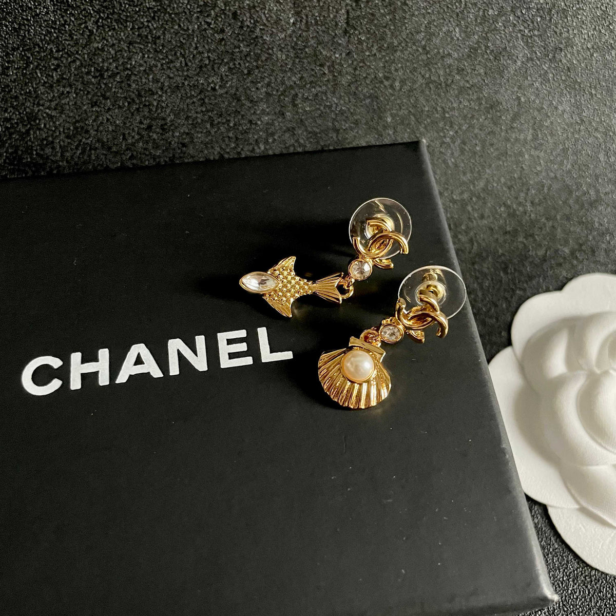 Double-C Emblem Statement Earrings in Polished Metal-Tone – Design 001 detail view