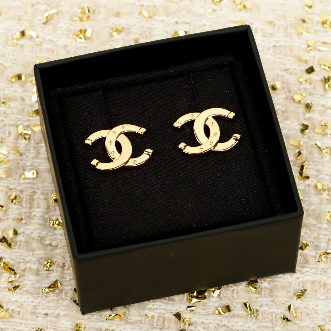Double-C Emblem Stud Earrings in Gold-Tone – Design 016 front product view