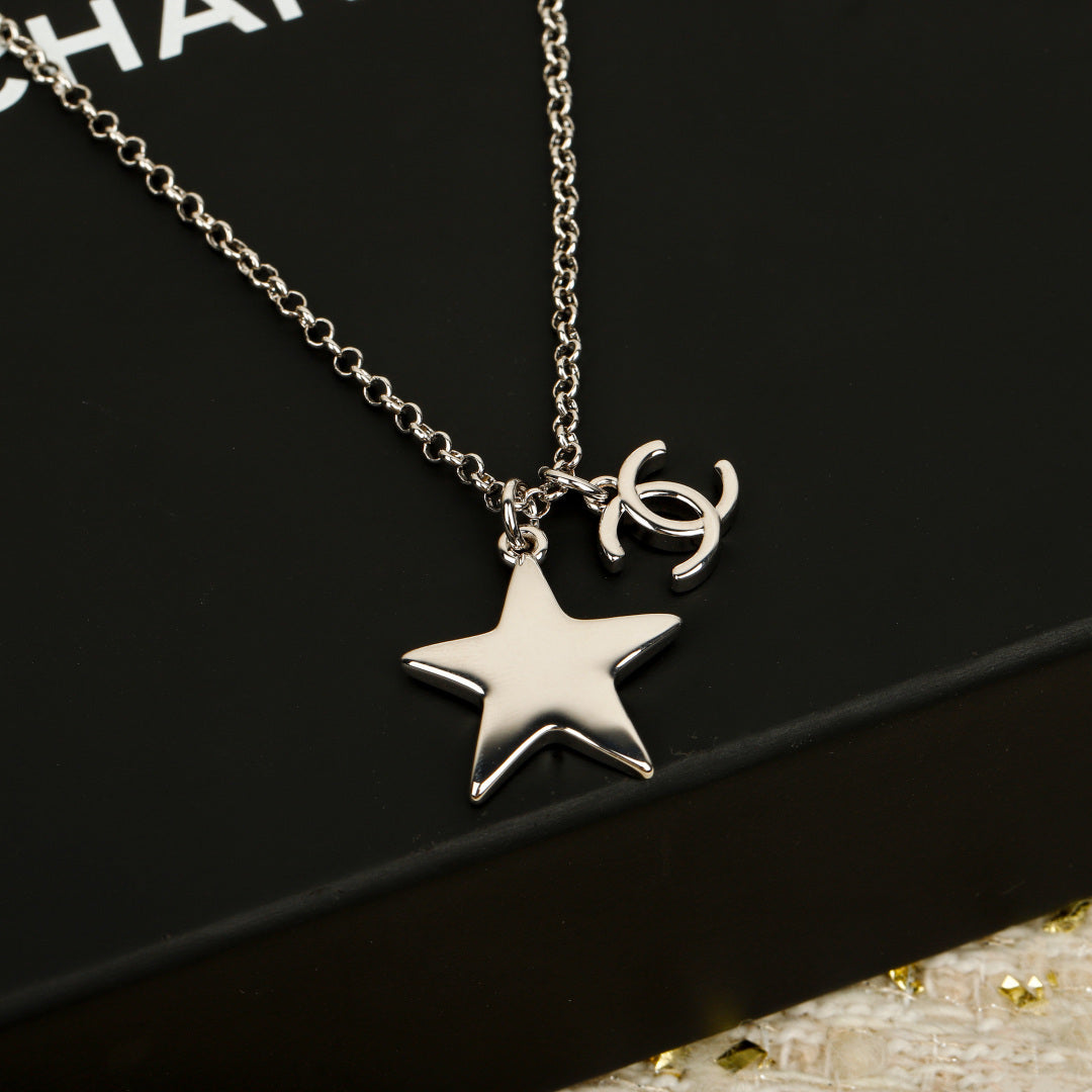 Double-C Emblem Pendant Necklace in Silver-Tone – White Detail styled product view