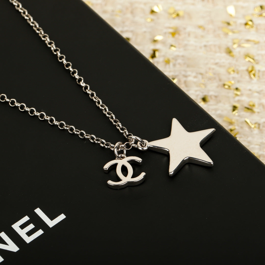 Double-C Emblem Pendant Necklace in Silver-Tone – White Detail side detail