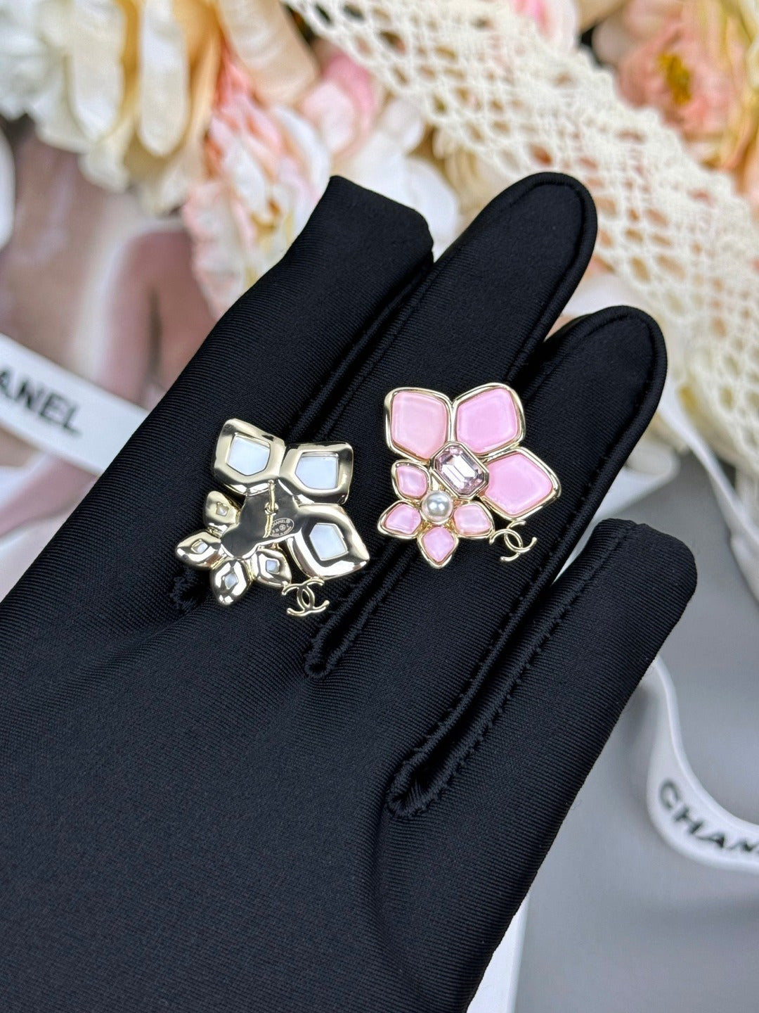 Floral Stud Earrings in Polished Metal-Tone – Pink Detail styled product view