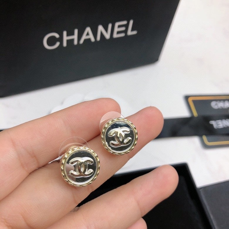 Signature Emblem Stud Earrings in Polished Metal-Tone – Red Detail – Design 002 side detail