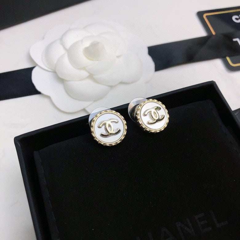 Signature Emblem Stud Earrings in Polished Metal-Tone – Red Detail – Design 002 front product view