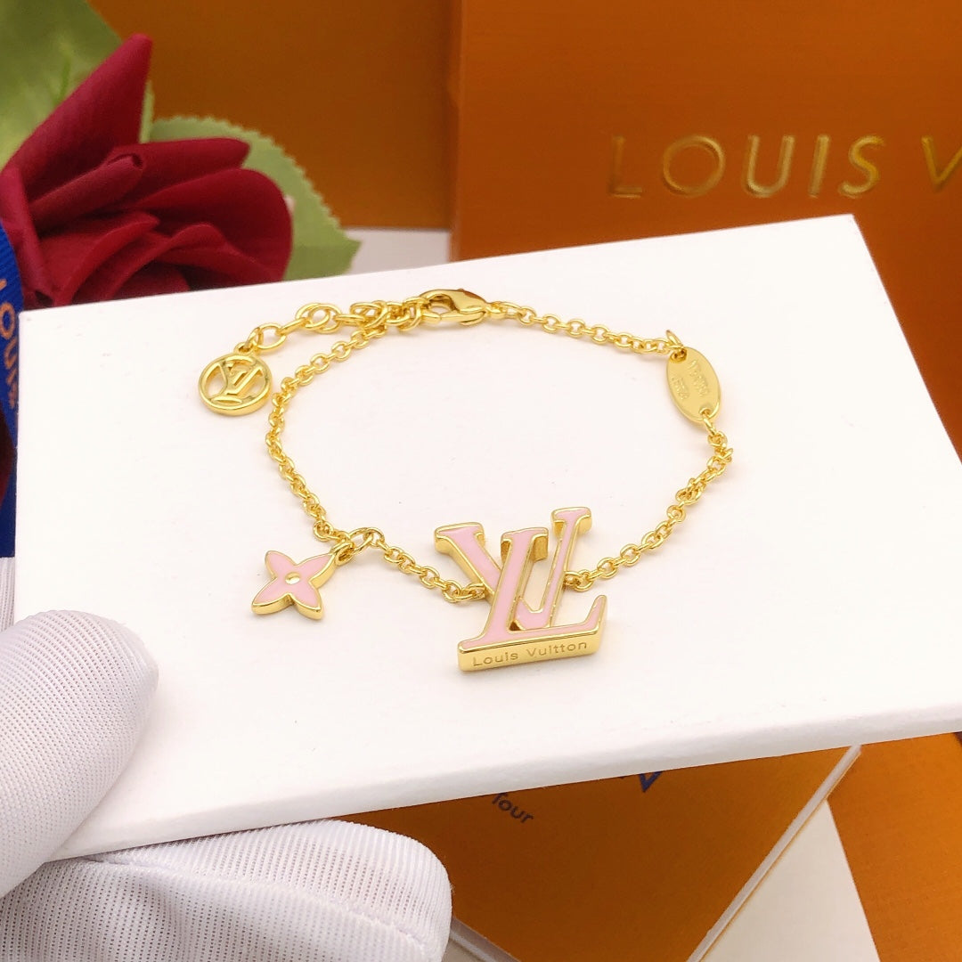 Geometric Emblem Bracelet in Gold-Tone – Pink Detail – Design 006 front product view
