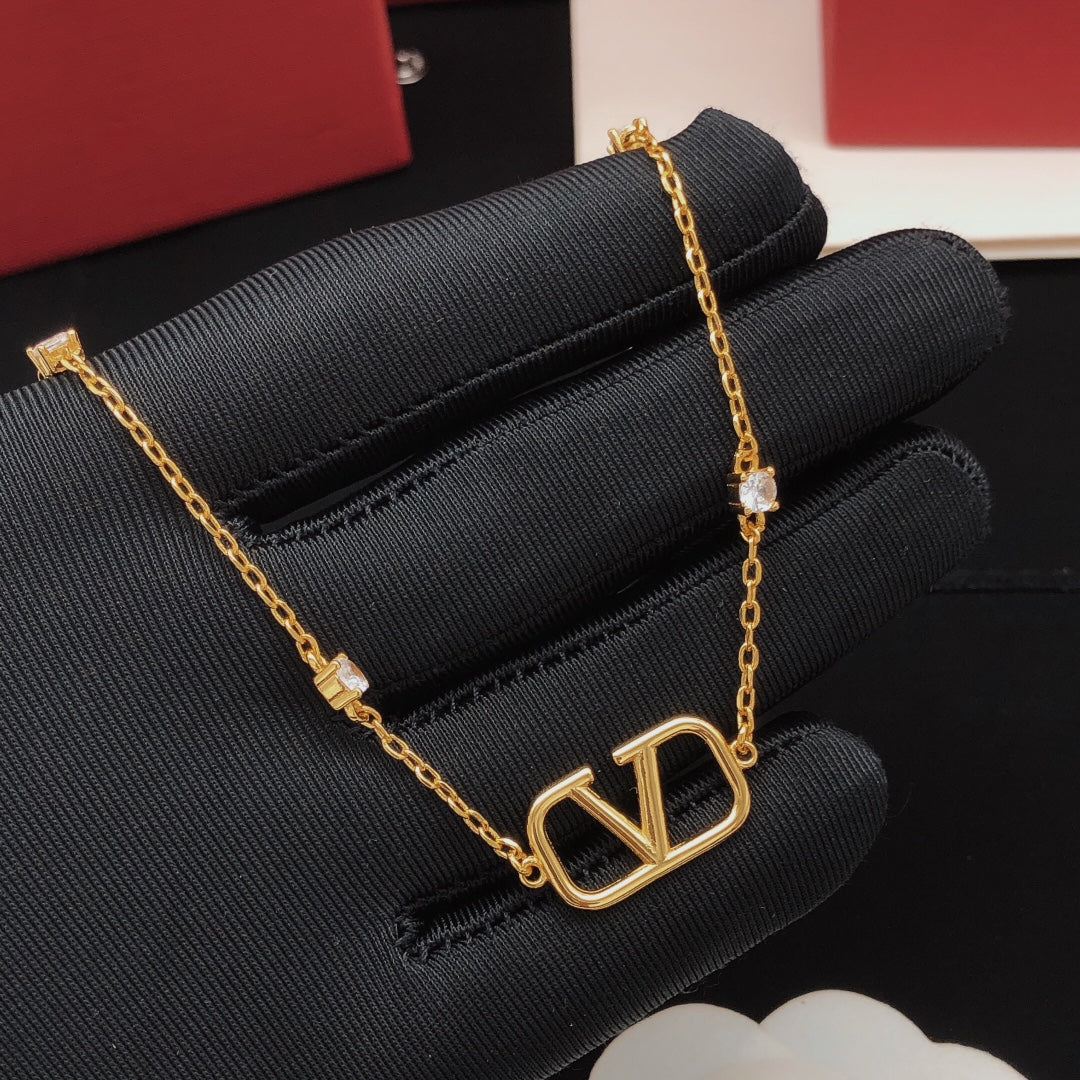 V Emblem Crystal-Accent Pendant Necklace – Design 01 styled detail