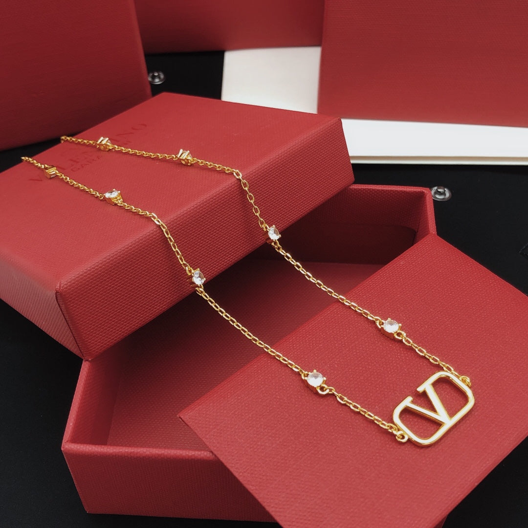 V Emblem Crystal-Accent Pendant Necklace – Design 01 front view