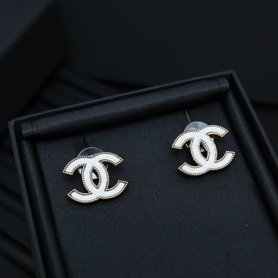 Double-C Emblem Stud Earrings in Polished Metal-Tone – Design 202 side detail