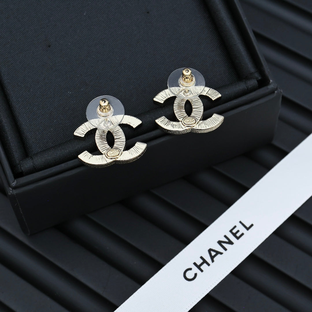 Double-C Emblem Crystal-Accent Stud Earrings – Design 030 close-up detail