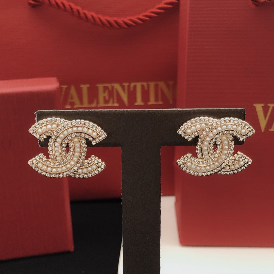 Double-C Emblem Crystal-Accent Stud Earrings – Design 043 front product view