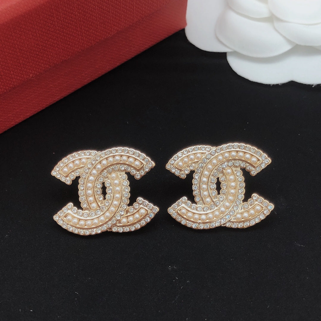 Double-C Emblem Crystal-Accent Stud Earrings – Design 043 detail view