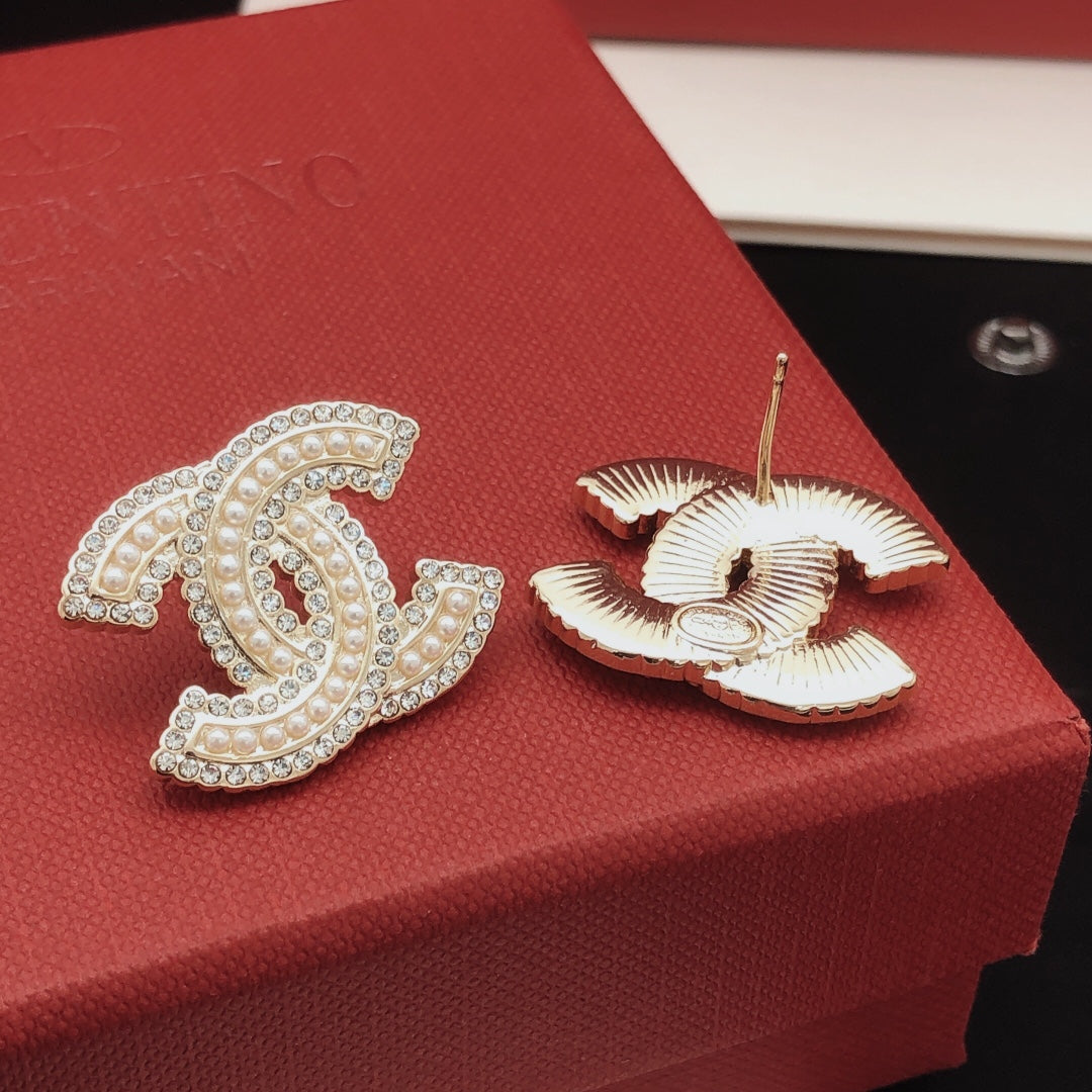 Double-C Emblem Crystal-Accent Stud Earrings – Design 043 detail view