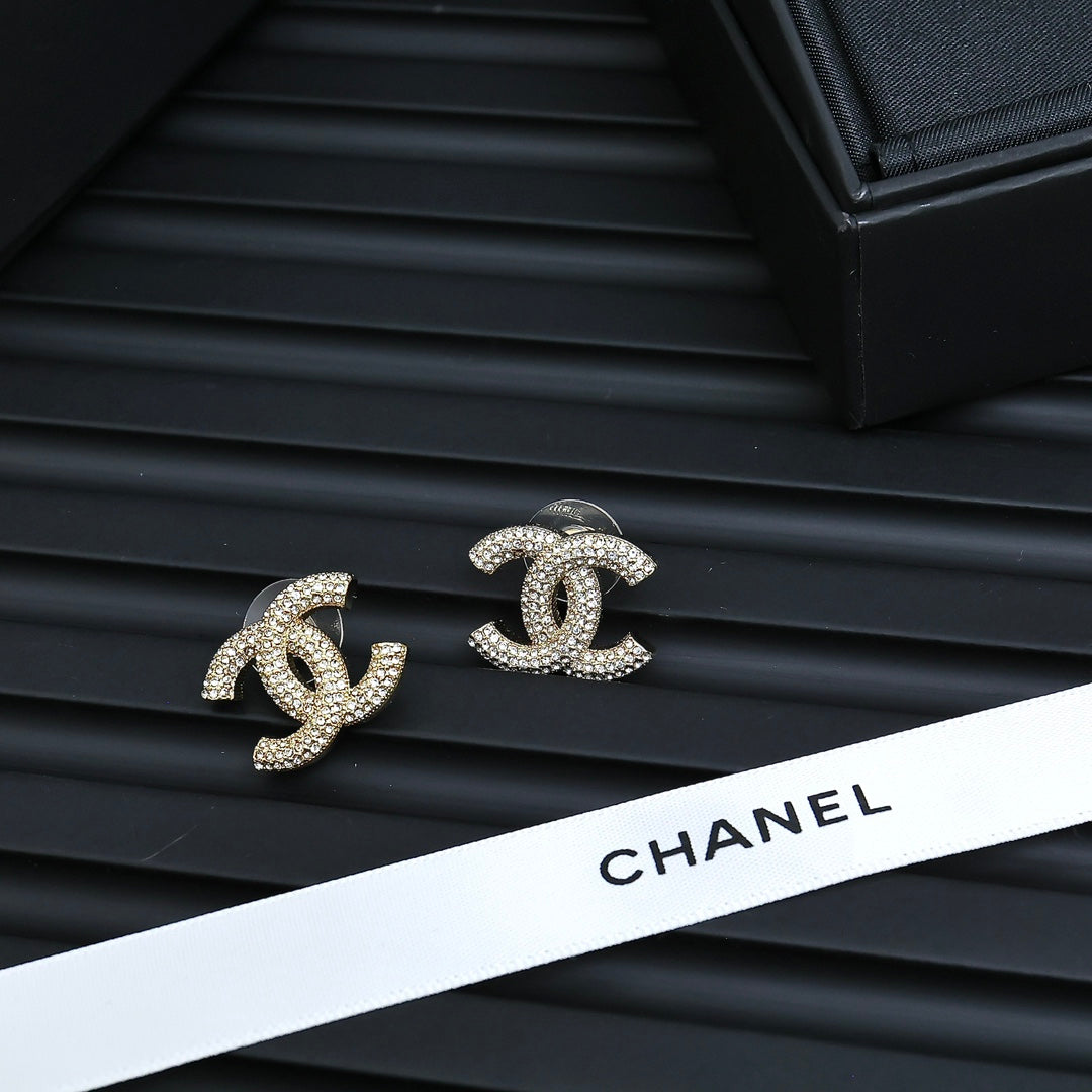 Double-C Emblem Crystal-Accent Stud Earrings – Design 048 close-up detail