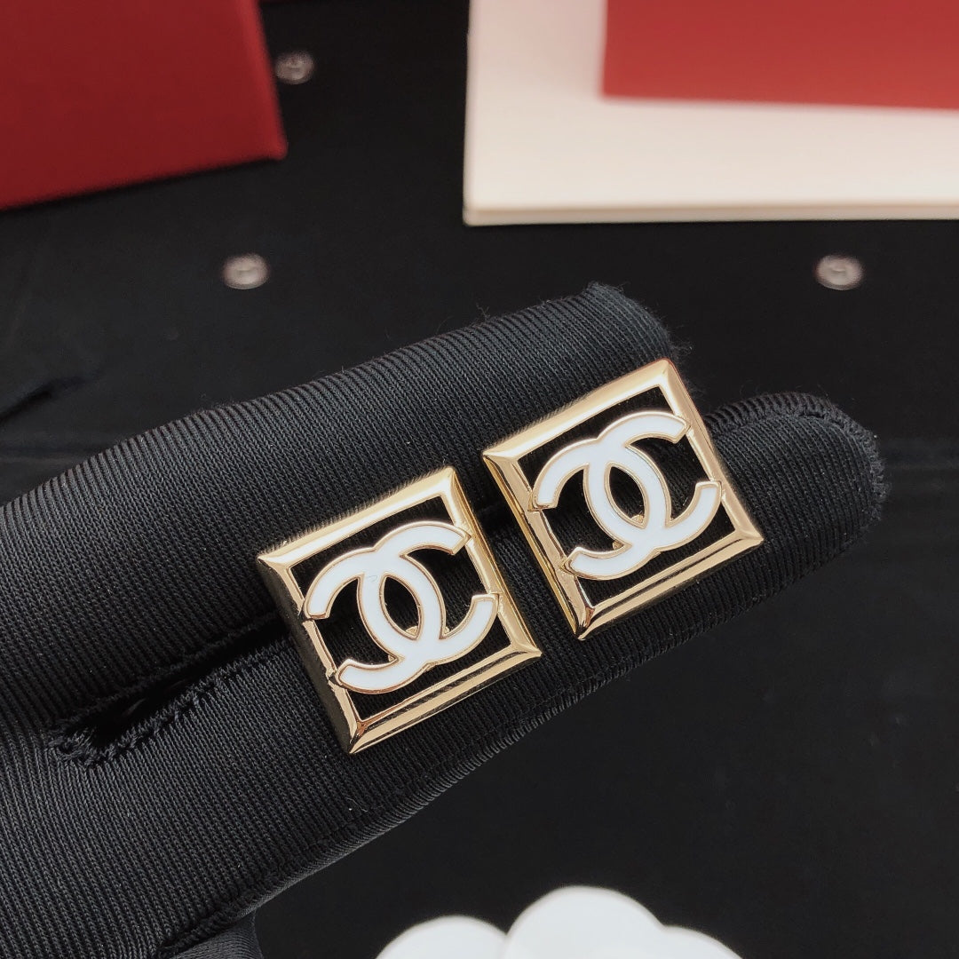 Square Stud Earrings in Gold-Tone – White Detail front product view