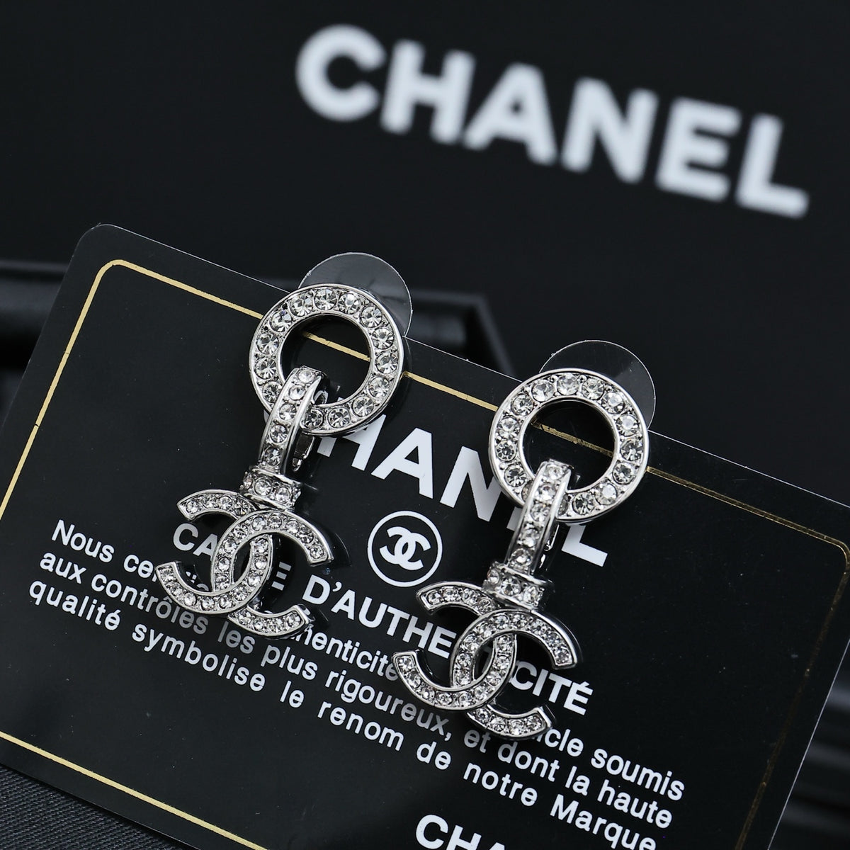 Double-C Emblem Crystal-Accent Statement Earrings – Design 028 close-up detail