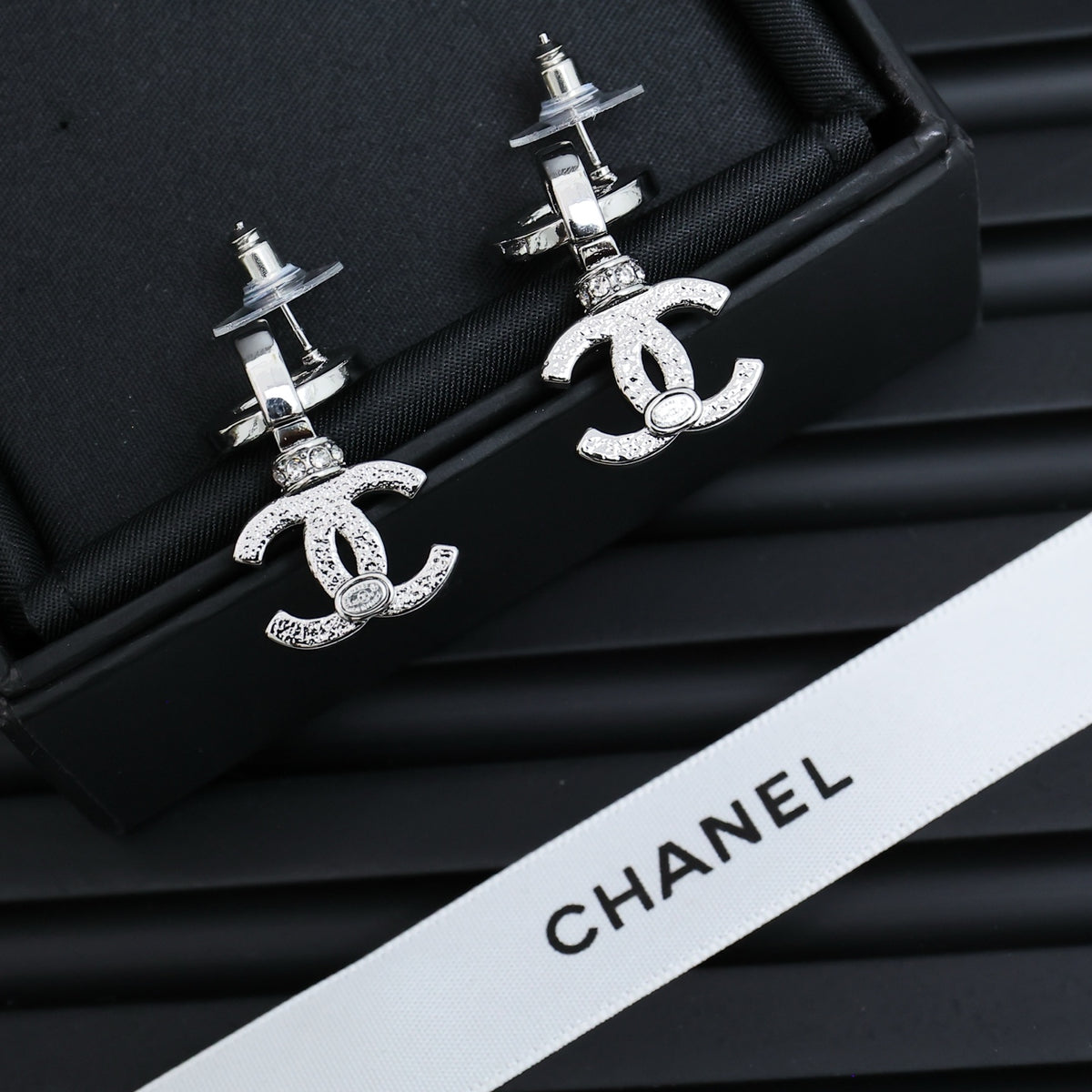 Double-C Emblem Crystal-Accent Statement Earrings – Design 028 detail view