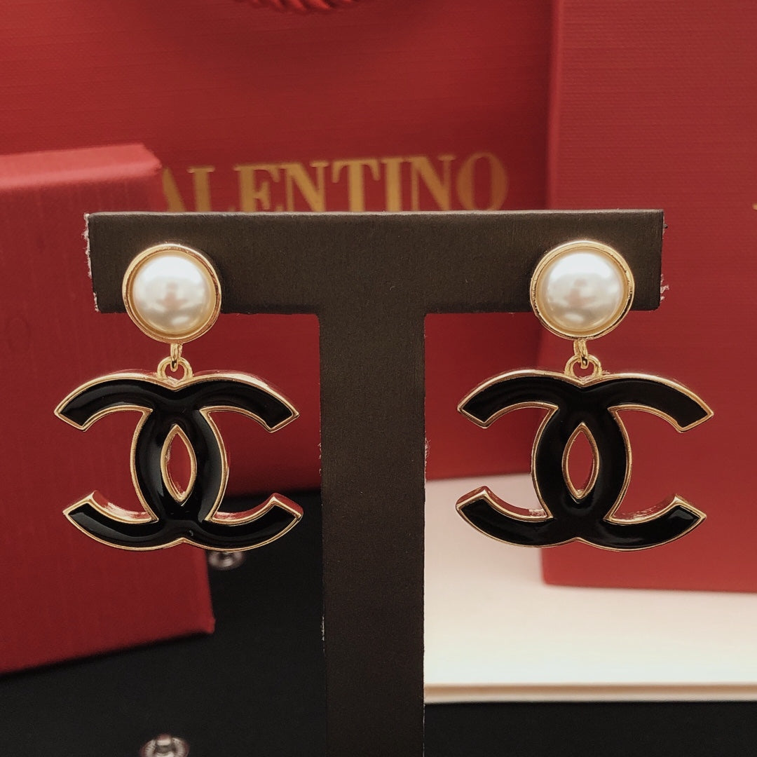 Signature Emblem Stud Earrings in Gold-Tone – Black Detail – Design 002 front product view