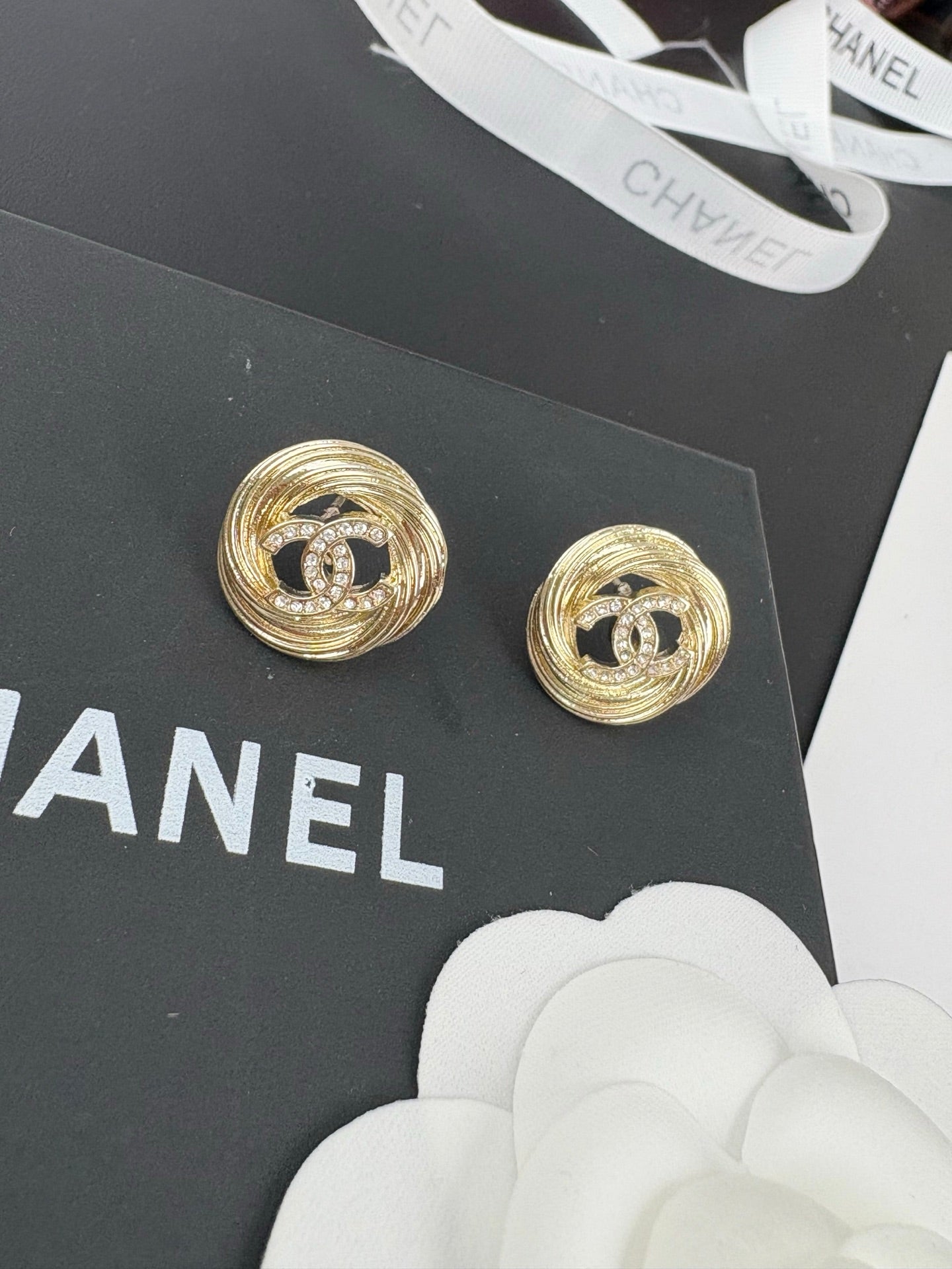 Double-C Emblem Stud Earrings in Gold-Tone – Design 022 front product view
