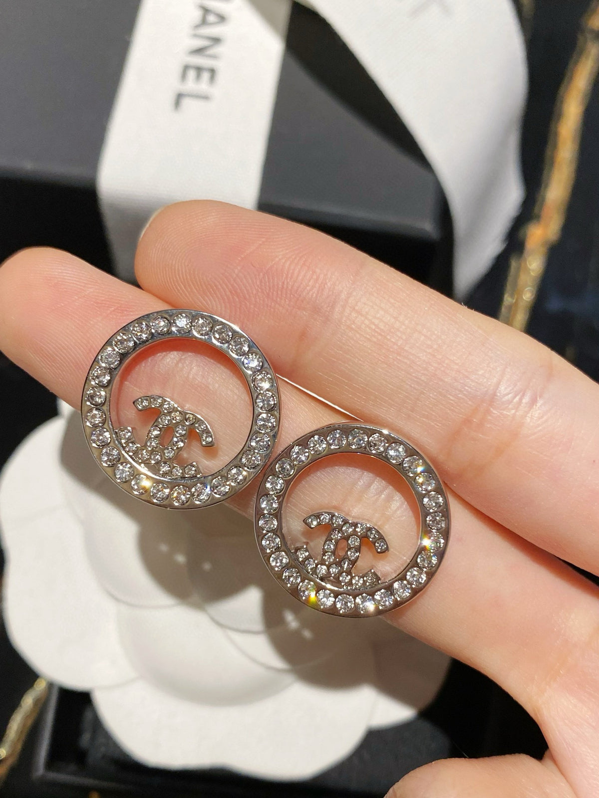 Round Crystal-Accent Stud Earrings – White Detail side detail