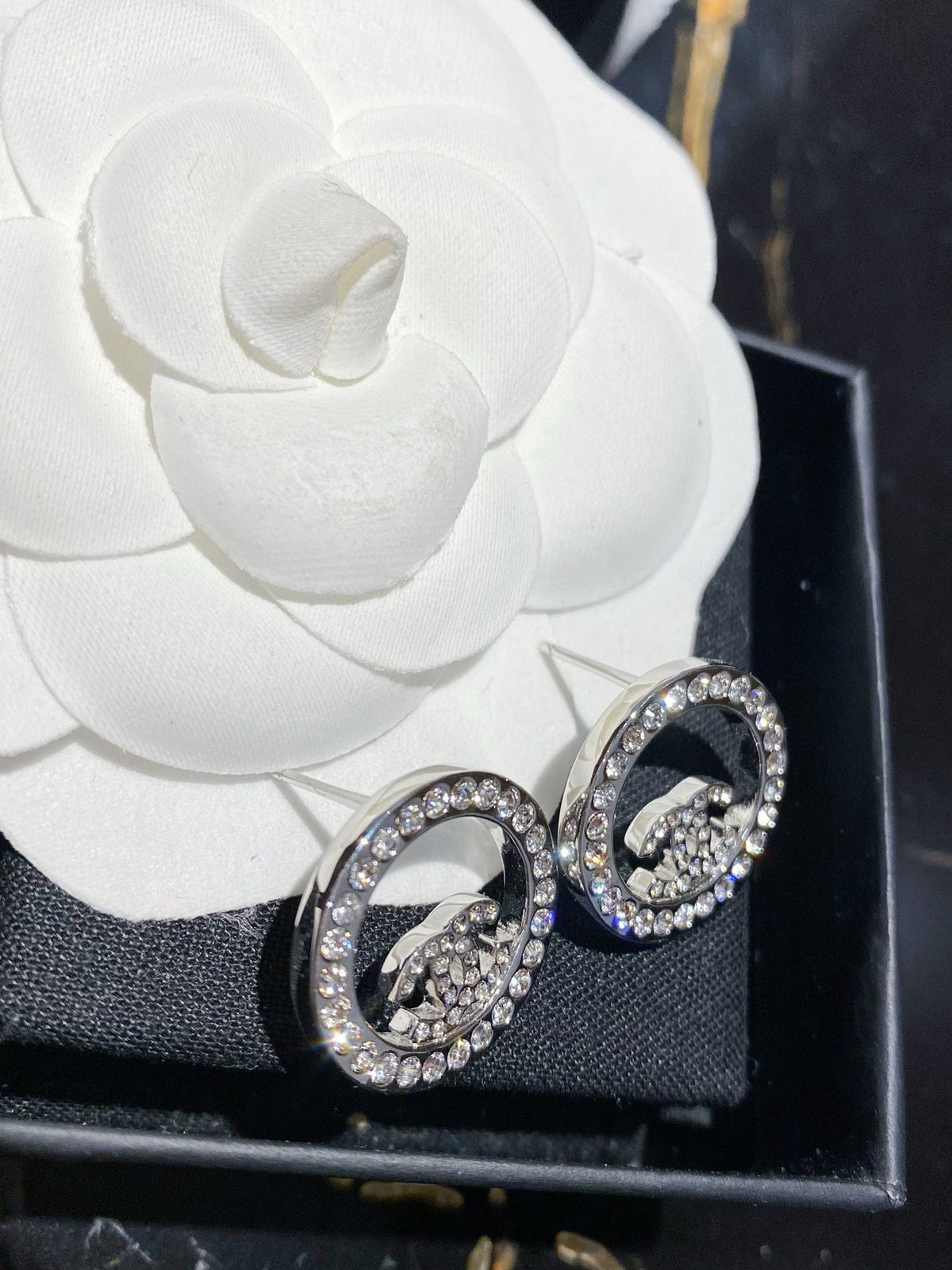 Round Crystal-Accent Stud Earrings – White Detail styled product view