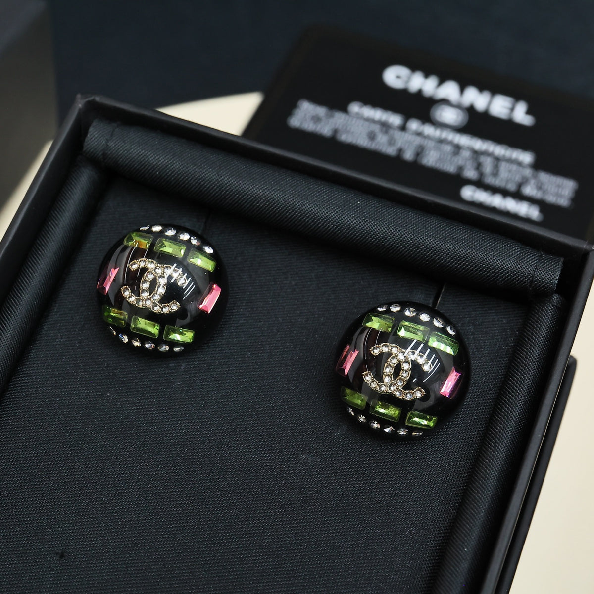 Double-C Emblem Crystal-Accent Stud Earrings – Pink Detail – Design 002 side detail