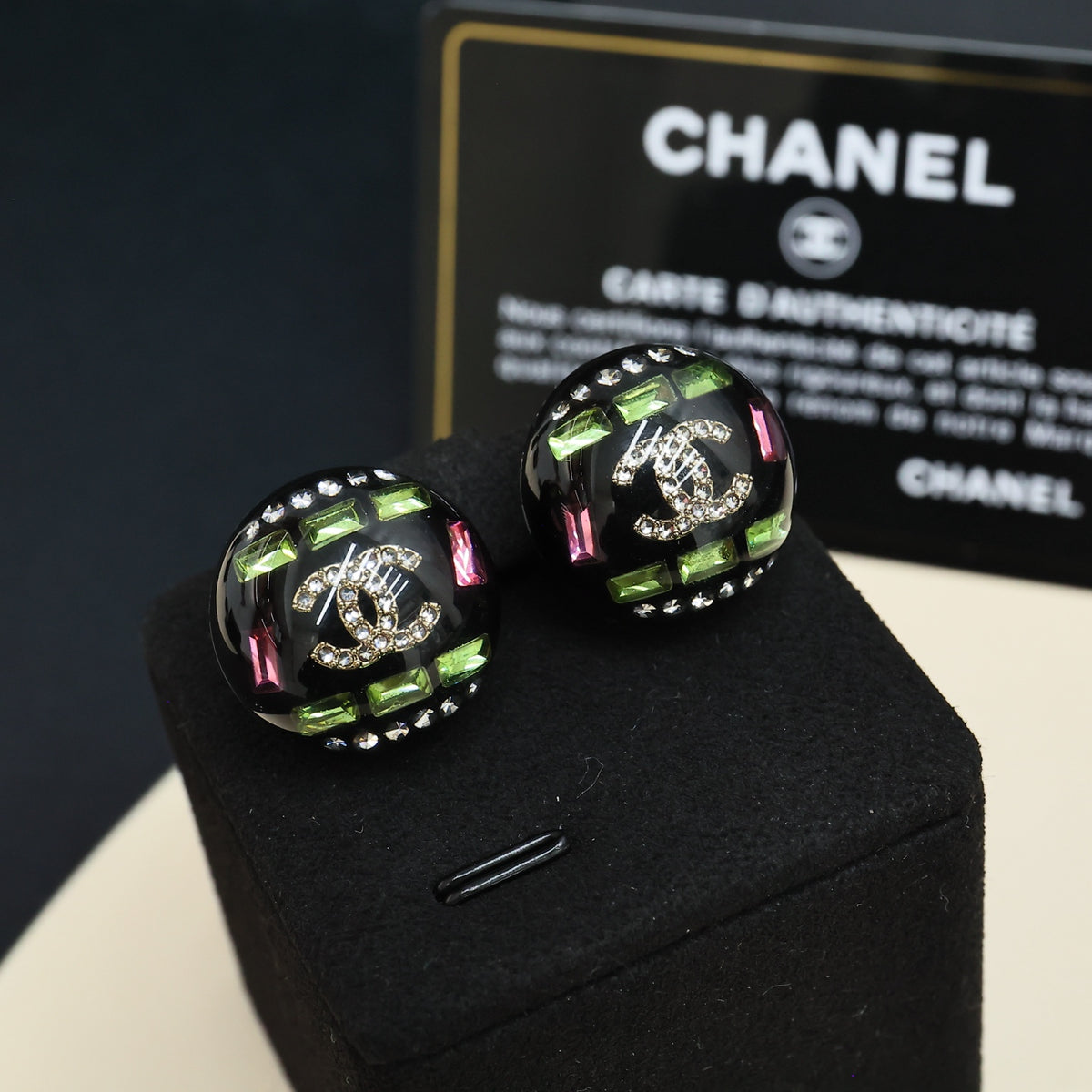 Double-C Emblem Crystal-Accent Stud Earrings – Pink Detail – Design 002 detail view