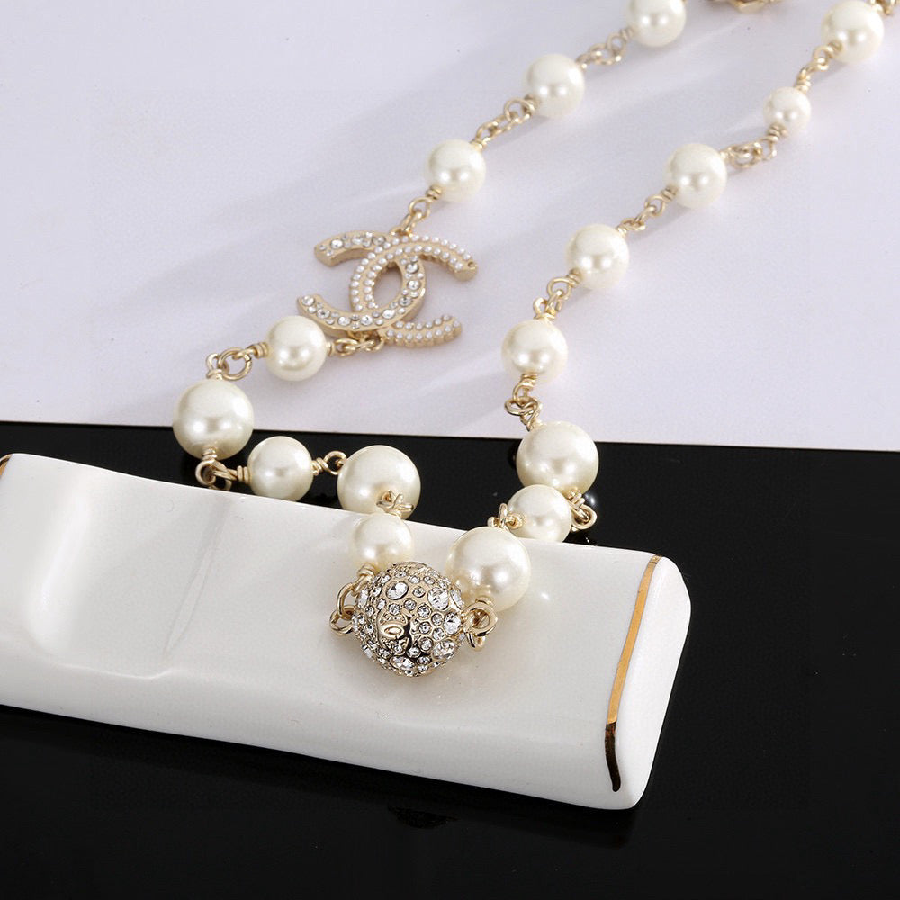 Double-C Emblem Pearl-Detail Pendant Necklace – Pearl Detail – Design 058 front product view
